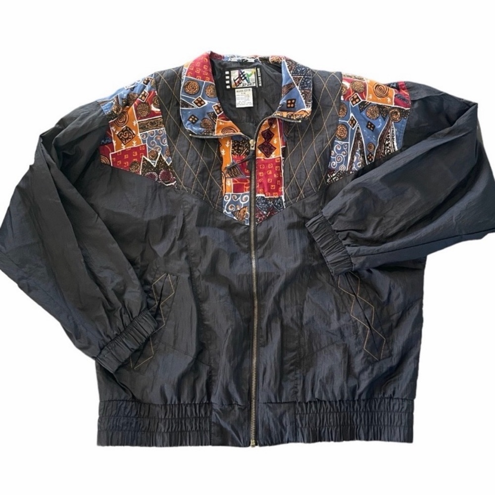 Vintage 90s Black Embroidered Quilted Zip Up Windbreaker Jacket